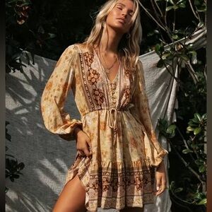 NEW Boho Golden Floral Long Sleeve Gypsy Dress